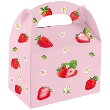Imagem de 24 caixas de lembrancinhas de festa de morango, caixa de presente dobrável de papel com alças para lembrancinhas de festa de frutas para festa de aniversário doce com tema de morango, chá de bebê