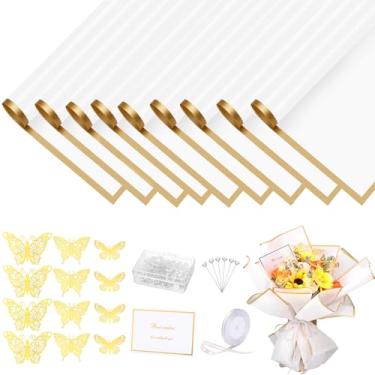 Imagem de 93 kits de papel de embrulho de buquê de flores, 20 folhas de papel de embrulho floral branco para dia dos namorados, 10 cartões comemorativos, 50 broches de flores, 12 borboletas douradas, 1 rolo de