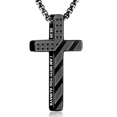 Imagem de RWQIAN Colar de cruz com bandeira americana para homens, corrente masculina com pingente de cruz e versículo da Bíblia de aço inoxidável, colar de crucifixo para cristãos, adolescentes, batismo