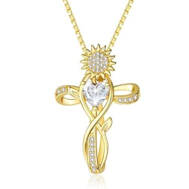 Imagem de HeartMelody Colar de cruz de pedra do mês de nascimento para mulheres, ouro, aniversário de casamento, aniversário, girassol, presentes para esposa, mãe, ouro branco 14 k/18 K, joias femininas cristãs