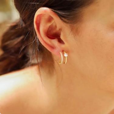 Imagem de Brincos de argola de ouro para mulheres, banhado a ouro 14 k, zircônia cúbica brilhante, argola leve, joias delicadas, presentes, standard, Latão, Sem pedra preciosa