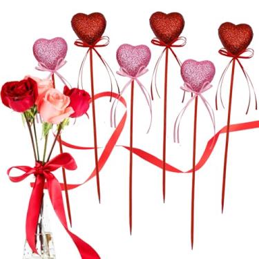 Imagem de Palitos de coração de espuma de glitter para Dia dos Namorados com fita - Varas de coração inchadas brilhantes e rosa vermelho para arranjos de flores, casamentos, festas, artesanato, decoração, 8