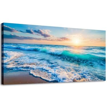 Imagem de SLYCAY Impressões de arte de parede em tela grande oceano azul, pinturas de paisagens do pôr do sol costeiro, natureza, ondas, praia, decoração de parede, quarto, sala de estar, sala de jantar