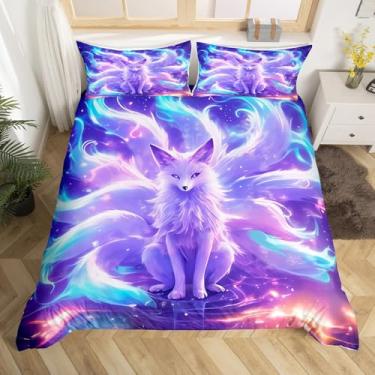 Imagem de jejeloiu Jogo de cama Queen com estampa de raposa 3D para adultos, crianças, meninos, meninas, roxo, azul, capa de edredom com estampa animal, 3 peças, fecho de zíper
