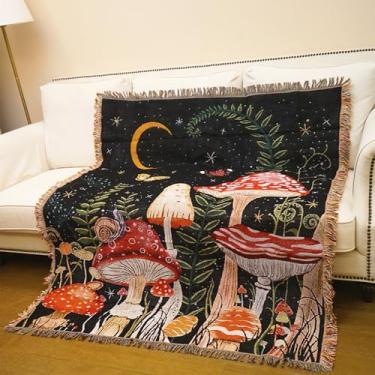 Imagem de JQZ Cobertor boêmio, tecido de algodão com franja, para sofá, cama, piquenique, acampamento ao ar livre (cogumelo vermelho)