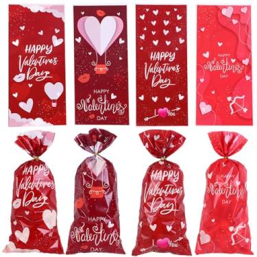 Imagem de 50 peças, saco de presente de celofane para o Dia dos Namorados, quadrado vermelho, sacos de presente de violoncelo, doces, doces, lembrancinhas, plásticos, laços dourados para artigos de aniversário