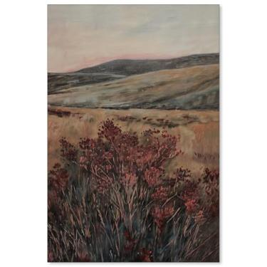 Imagem de Moody Pôster de paisagem vintage marrom escuro arte de parede de flores silvestres vermelho outono pintura de cenário pastoral para decoração de parede de quarto de casa de fazenda 40 x 61 cm sem