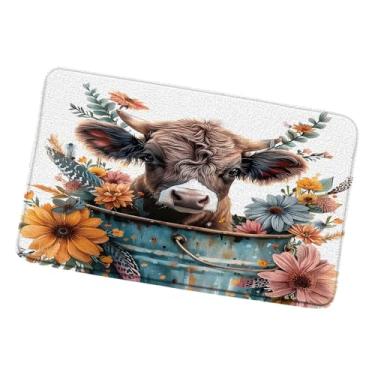 Imagem de Tapete de banho fofo vaca highland animal fazenda gado touro ocidental planta floral rústica tapetes de banheiro capacho de cozinha tapete de banheiro 45 x 75 cm