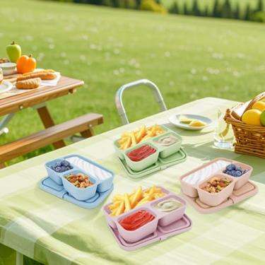Imagem de Recipiente de silicone para lanches de 3/4 peças com tampa, recipientes reutilizáveis com 3 compartimentos para escritório, escola, piquenique, lava-louças (4)