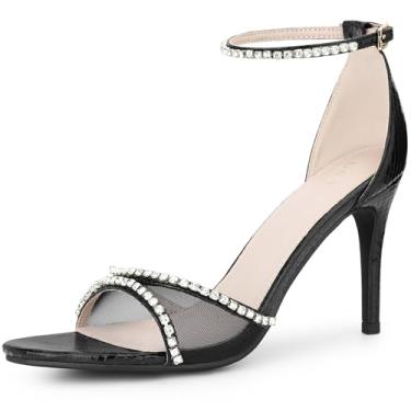 Imagem de Perphy Sandálias femininas com tira no tornozelo e salto agulha de malha aberta com strass, Preto, 38