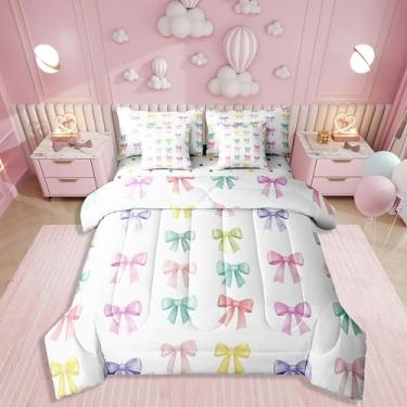 Imagem de Erosebridal Conjunto de edredom infantil com laço e laço de 7 peças, para crianças, adolescentes, com laço geométrico, enchimento de edredom estilo princesa kawaii, decoração de quarto