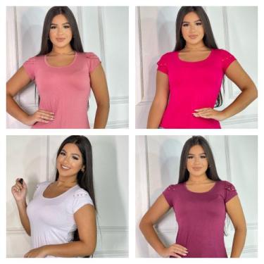 Imagem de kit 4 Blusas feminina básica t-shirt detalhe na manga - GK Toda Bela, 