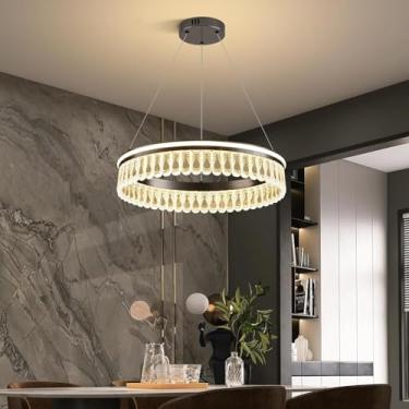 Imagem de Lustre LED moderno de 60 cm, 50 W, dimerizável, com controle remoto, 1 anel, luminária suspensa circular dourada para ilha de cozinha, sala de jantar, quarto e sala de estar.
