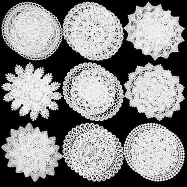 Imagem de 18 peças de toalhas de renda de 25 cm para mesas de crochê, porta-copos vintage de renda de algodão, feitos à mão, jogos americanos redondos, decoração de mesa rústica para cozinha, sala de jantar