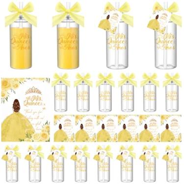 Imagem de Honeydak 25 conjuntos de lembrancinhas de festa de quinze anos para convidados 400 ml copo de plástico reutilizável com tampas e canudos, cartões de agradecimento com laço de fita Mis Quince Anos