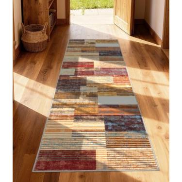 Imagem de YIHOUSE Tapete de corredor marrom 5 x 15 cm para corredor, tapetes de fazenda lavável, tapetes vintage bordô, tapete de área laranja queimado antiderrapante, tapete geométrico boho para cozinha