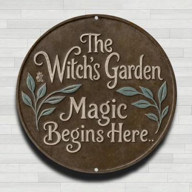 Imagem de Witchs Garden Magic Begins Sinal Vintage Rústico Alumínio Metal Redondo Placa de Parede Redonda, 20 cm Presentes e Decoração para Casa, Escritório, Café e Quintal