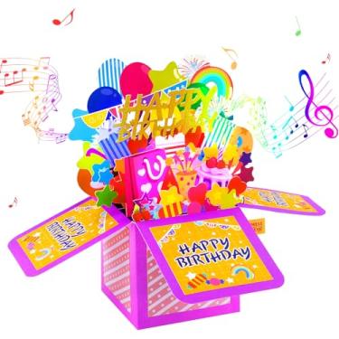 Imagem de GREETING ART Cartões de aniversário pop up com luzes e música, caixa de presente doce balão arco-íris 3D fogos de artifício, cartões engraçados de feliz aniversário presentes para crianças