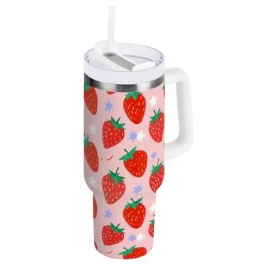 Imagem de Caikeny Copos isolados com tampa e palha, morango, frutas, Summwer 1,134 g, copo de aço inoxidável, reutilizável, garrafa de água, café, caneca de viagem para mulheres e homens