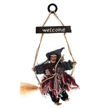 Imagem de Placa de Madeira Boas-Vindas Halloween Decoração Bruxa Pendurada em Vassoura Ornamento Voando Interior Festivais Festa