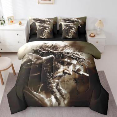 Imagem de Jogo de cama queen com versículos cristãos da Bíblia cristã, temática de pombo branco, arte retrô, 1 colcha, lençol de cima, 2 fronhas, 2 fronhas