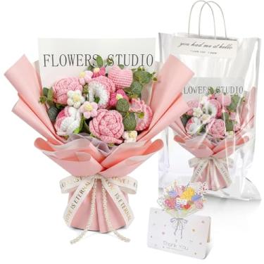 Imagem de Giegxin Conjunto de buquê de flores de crochê feito à mão, buquê de flores artificiais de rosa, presente romântico para sua namorada, mãe, Dia das Mães, Dia dos Namorados, casamento, aniversário