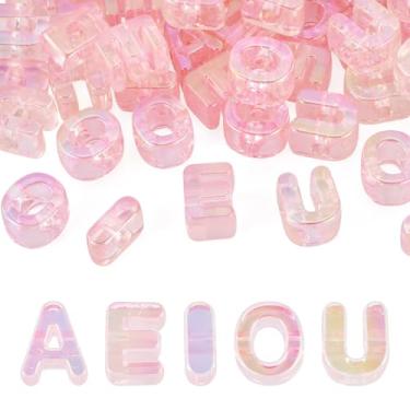 Imagem de FASHEWELRY Contas de letras grandes rosa cristal 50 peças de contas de acrílico colorido grande alfabeto vogal AEIOU espaçador contas de paracord para chaveiros, bolsa, kit de berloques, correntes de