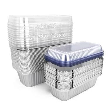 Imagem de WARMGBOXCO Conjunto de 60 formas descartáveis de papel alumínio com tampas, pacote com 30 formas de alumínio de 21 x 11 x 6 cm e 30 formas de alumínio para assar bolos e carne. Com colheres.