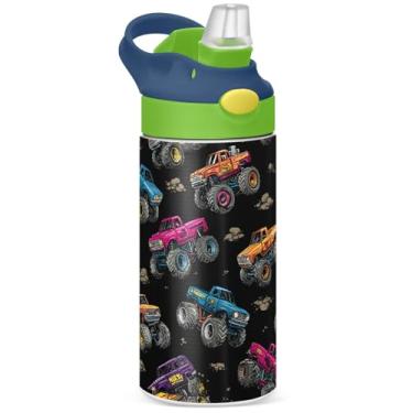 Imagem de Pigsaly Garrafa de água infantil com isolamento grunge carro caminhão monstro de aço inoxidável 350 ml copo isolado a vácuo com alça parede dupla caneca de café para viagem copo infantil para meninos