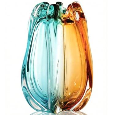 Imagem de Vaso de vidro artístico soprado à mão para decoração, vaso de flores grande e pesado de boca larga, estilo murano art déco, peça central de sala de estar, decoração de sala de estar boêmio moderno
