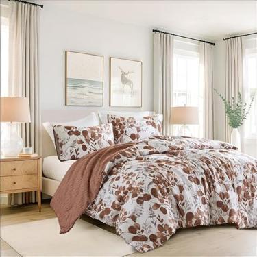 Imagem de Conjunto de edredom leve Seersucker Botanical King Size, edredom de cama com design reversível, conjunto de cama de microfibra premium, conjunto de edredom e fronhas, terracota