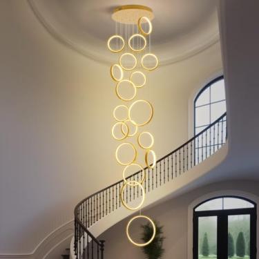 Imagem de Luminária pendente moderna de LED em formato de anel para escada, com controle remoto, em alumínio, com altura ajustável, ideal para sala de estar, quarto, sala de jantar e cozinha (dourada,