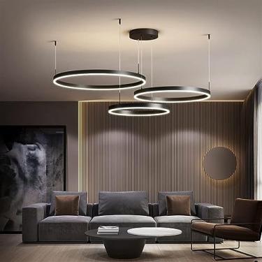Imagem de Luminária pendente de LED para sala de jantar, lustre com anel de metal, altura ajustável, luminária para sala de estar, dimerizável com controle remoto, luminária pendente para mesa de jant