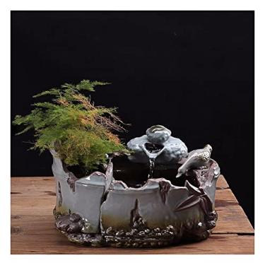 Imagem de Fontes de mesa, fonte de cerâmica, fonte de cerâmica com imitação de bacia de bambu antigo design para mesa interna e externa, mesa, escritório, pátio, decoração, fontes internas