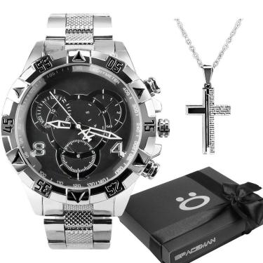 Imagem de Relogio Aço Inox Prata Prova Dagua + Corrente Cruz + Caixa Casual Presente Grande Original Social