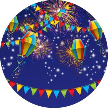 Imagem de Painel de Tecido Sublimado Redondo Festa Junina Céu de Fogos e Bandeir