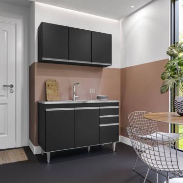 Imagem de Kit de Cozinha Melissa com Pia e Cuba GhelPlus 120cm 6 Portas 2 Gavetas Preto Maderatto Móveis