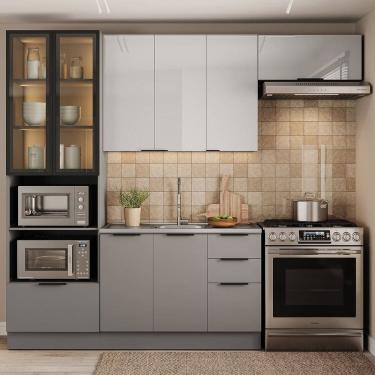 Imagem de Cozinha Lumina 4 Peças com Paneleiro para Forno e Micro com Vidro e Iluminação sem Tampo Cinza