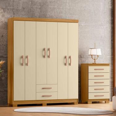 Imagem de Guarda-Roupa Casal 6 Portas 2 Gavetas Cômoda 5 Gavetas Itapema Carvalho Americano/Off White