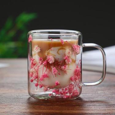Imagem de Xícara de Café Vidro Duplo 110ml Transparente com Flores Secas Copo Té