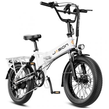 Imagem de Bicicleta elétrica dobrável Jasion EB7 branca perolada, pneus 20x3, motor até 1200W, bateria 48V 10Ah, 7 marchas, suspensão dupla e voltagem