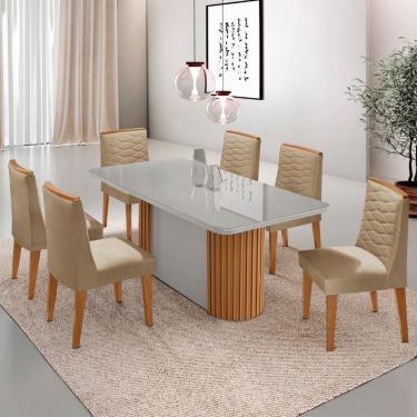 Imagem de Mesa de Jantar Aspen 180cm Tampo MDF Vidro Canto Copo com 6 Cadeiras Eloise Moderna Mobília