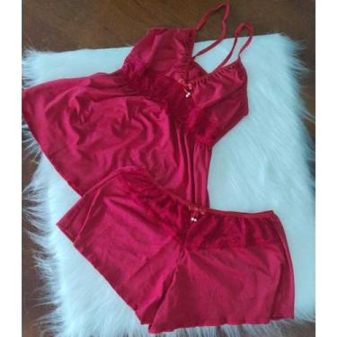 Imagem de Pijama Sensual Feminino Baby Doll Rendado Luxo Verão - Sem marca, Verm