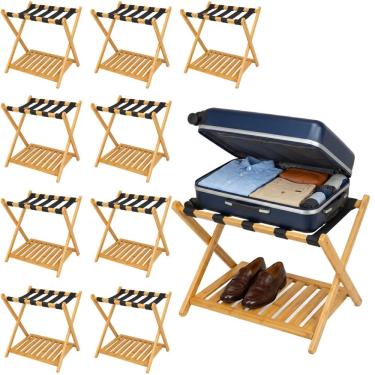 Imagem de Kit 10 Suporte de Mala Bambu Natural Com Prateleira Sapateira Para Hotel Pousada - AMZ