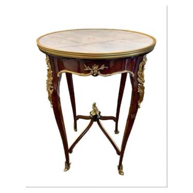 Imagem de Mesa Auxiliar Redonda Francesa Marchetaria e Bronze Formosa - LUXdecor