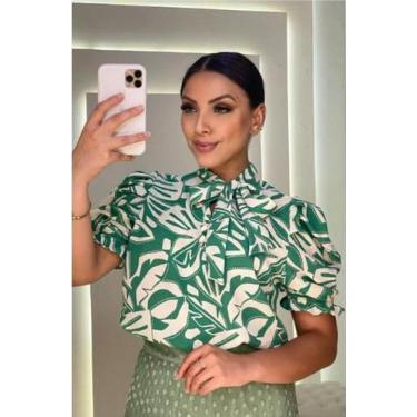 Imagem de Blusa Feminina Manga Curta Bufante Social Estampada com Laço - G-Store
