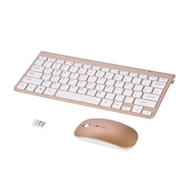 Imagem de Teclado para jogos, teclado e mouse sem fio 78 teclas 2,4 GHz, teclado mouse com 12 teclas multimídia adequadas para laptop desktop (dourado)