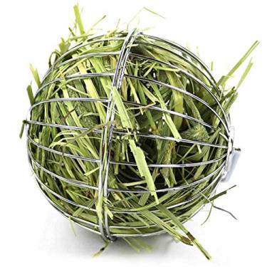 Imagem de Tfwadmx Comedouro de feno de coelho, brinquedo de mastigar bola de feno brinquedo de mastigar de aço inoxidável tigelas de moldura de comida e grama, pequenos animais dispensador de manjedoura de feno para hamsters, gerbiles, chinchilas, porquinhos da índia