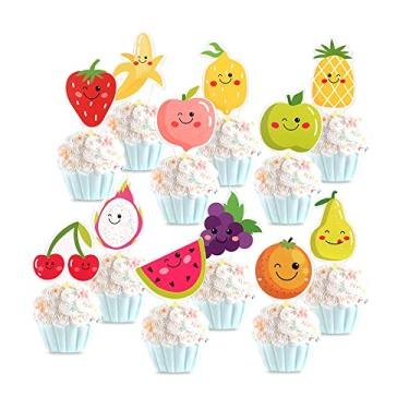 Imagem de Cyodoos 24 peças de Topos de cupcake de frutas Tutti - topos de bolo de feliz aniversário para crianças verões tropicais - melancia, limão, morango, decorações de bolo para chá de bebê decorações de festa de casamento