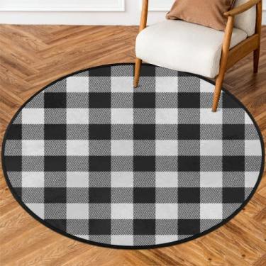 Imagem de Tapete de área redonda xadrez de búfalo, tapetes circulares grandes xadrez de búfalo preto e branco tapete redondo antiderrapante macio lavável para sala de estar quarto interior ao ar livre, 90 cm